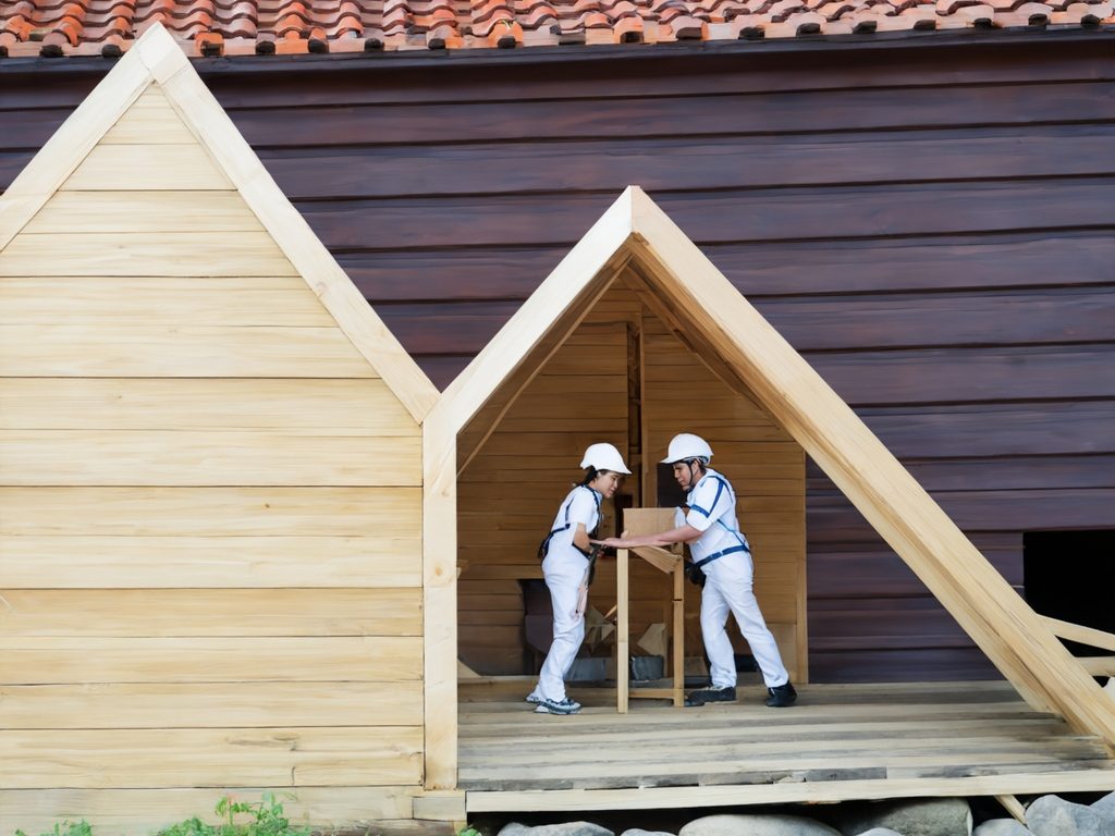 KI-generiertes Bild: zwei Bauarbeiter im Holzbau
