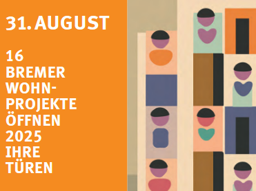 Bunte Illustration mit dem Hinweis "31. AUGUST" zum Tag des offenen Wohnprojektes 2025 in Bremen.